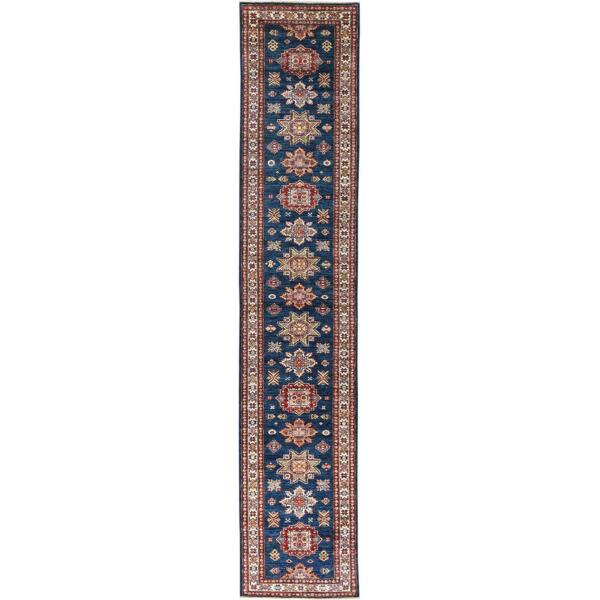 2'9"x13'9" Indigo Blue, Afghan Super Kazak with Geometric Medallions, Natural Dyes Dense Weave, Pure Wool Hand Knotted, Runner Oriental Rug  - 82909