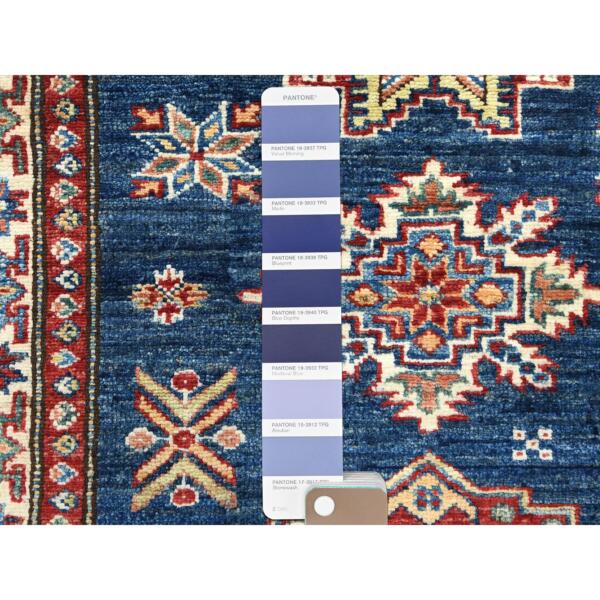 2'9"x13'9" Indigo Blue, Afghan Super Kazak with Geometric Medallions, Natural Dyes Dense Weave, Pure Wool Hand Knotted, Runner Oriental Rug  - 82909 - Image 5