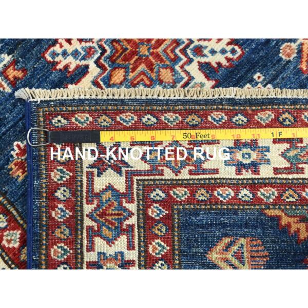 2'9"x13'9" Indigo Blue, Afghan Super Kazak with Geometric Medallions, Natural Dyes Dense Weave, Pure Wool Hand Knotted, Runner Oriental Rug  - 82909 - Image 8