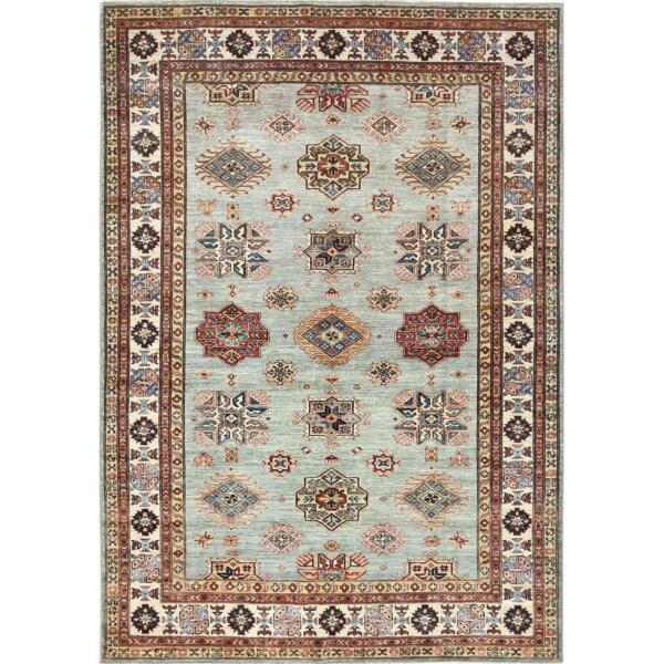 6'3"x8'10" Ivory Afghan Super Kazak with Geometric Medallions Design, Natural Dyes, Densely Woven, Natural Wool, Hand Knotted, Rectangle Oriental Rug  - 82929