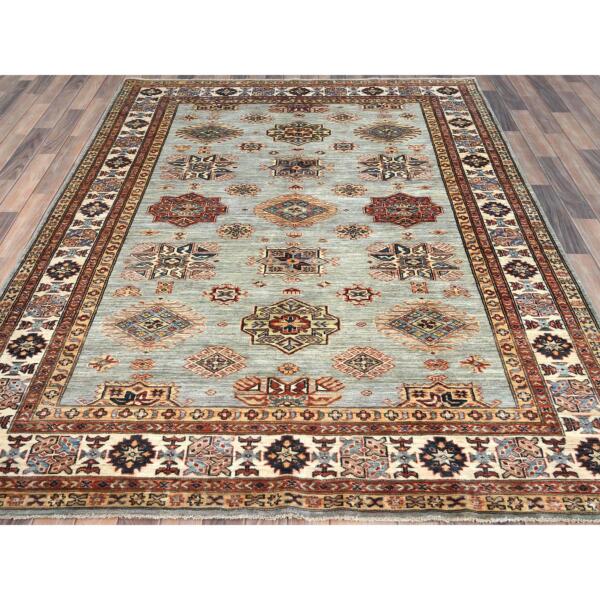 6'3"x8'10" Ivory Afghan Super Kazak with Geometric Medallions Design, Natural Dyes, Densely Woven, Natural Wool, Hand Knotted, Rectangle Oriental Rug  - 82929 - Image 4