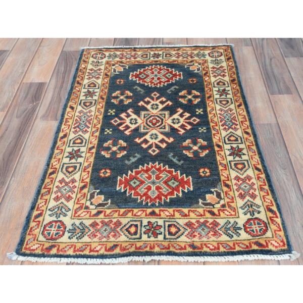 2'x2'10" Aegean Blue, Hand Knotted Special Kazak with Geometric Pattern, Pure Wool, Natural Dyes, Mat Oriental Rug  - 82935 - Image 3