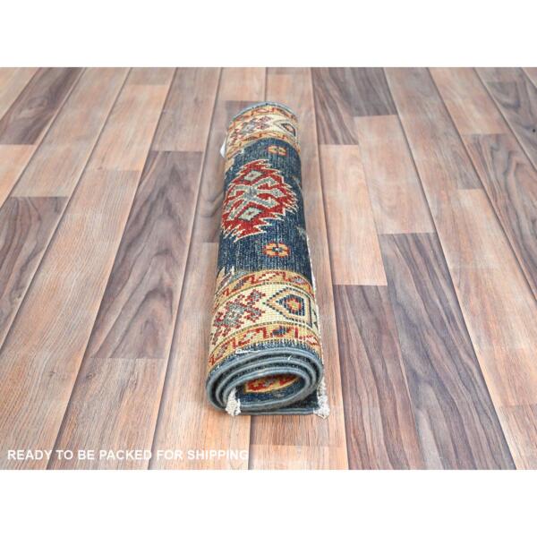 2'x2'10" Aegean Blue, Hand Knotted Special Kazak with Geometric Pattern, Pure Wool, Natural Dyes, Mat Oriental Rug  - 82935 - Image 6