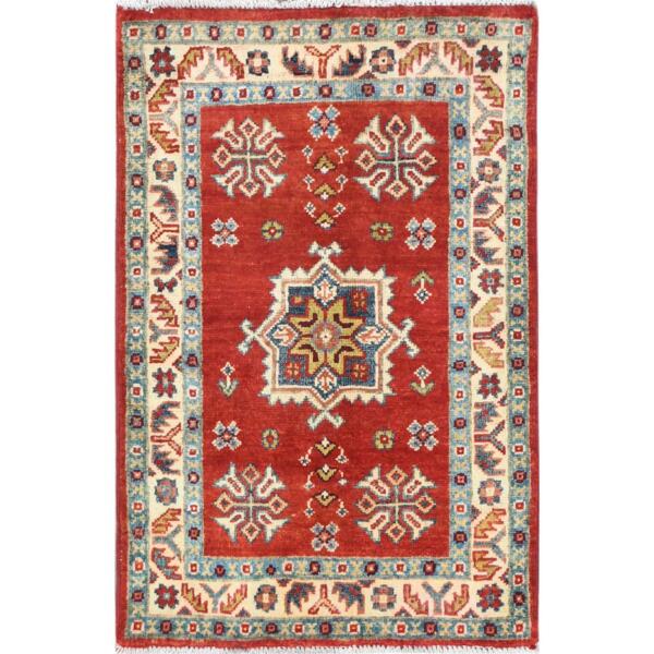 2'x3' Chili Red, Special Kazak with Geometric Pattern, Natural Dyes, Hand Knotted, Pure Wool, Mat, Oriental Rug  - 82943