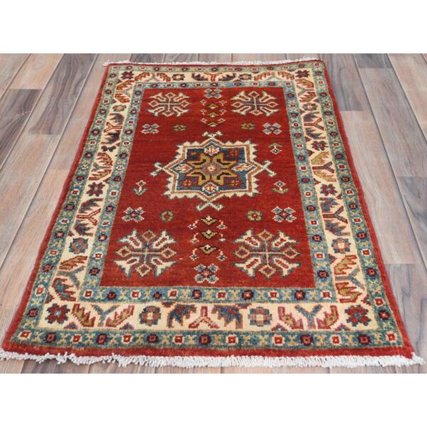 2'x3' Chili Red, Special Kazak with Geometric Pattern, Natural Dyes, Hand Knotted, Pure Wool, Mat, Oriental Rug  - 82943 - Image 3