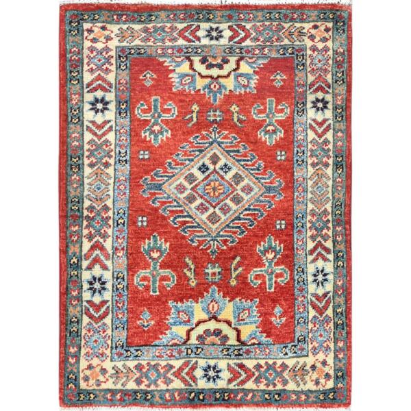 2'x2'10" Fire Brick, Special Kazak with Large Medallion Natural Dyes, Pure Wool Hand Knotted, Mat Oriental Rug  - 82945