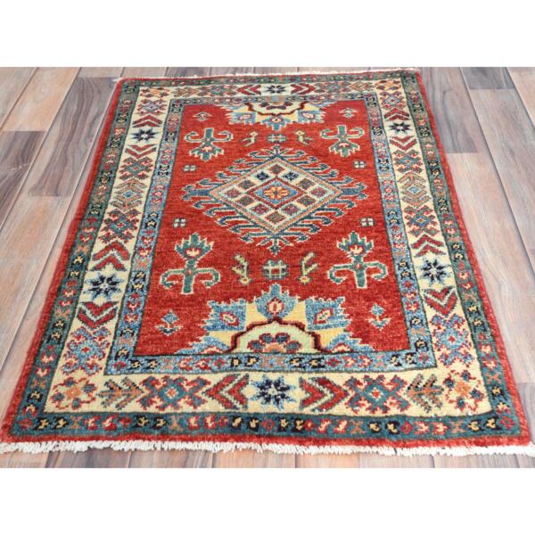 2'x2'10" Fire Brick, Special Kazak with Large Medallion Natural Dyes, Pure Wool Hand Knotted, Mat Oriental Rug  - 82945 - Image 3