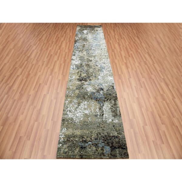 2'6"x12'1" Brown, Hand Knotted, Modern Abstract Design, Persian Knot, All Wool Runner Oriental Rug  - 83024 - Image 3