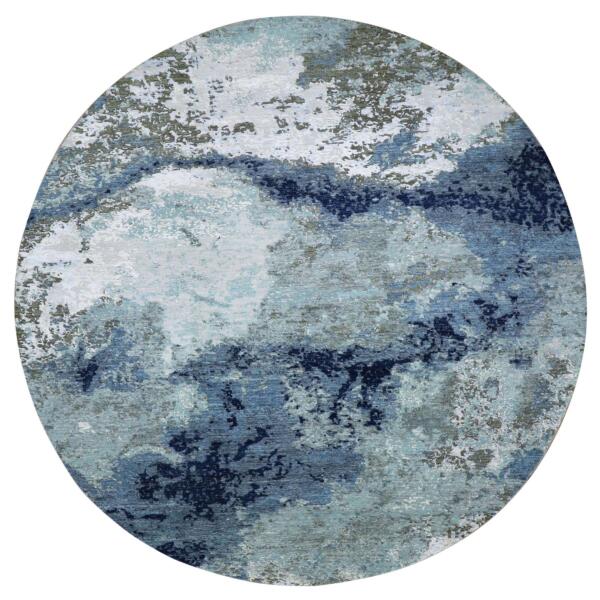 10'4"x10'4" Blue Modern Abstract Design, Pure Wool, Hand Knotted, Densely Woven, Persian Knot Round Oriental Rug  - 83031