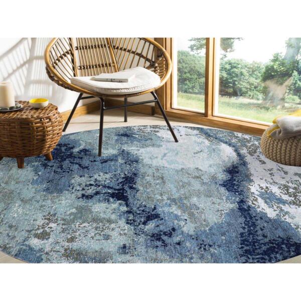 10'4"x10'4" Blue Modern Abstract Design, Pure Wool, Hand Knotted, Densely Woven, Persian Knot Round Oriental Rug  - 83031 - Image 3