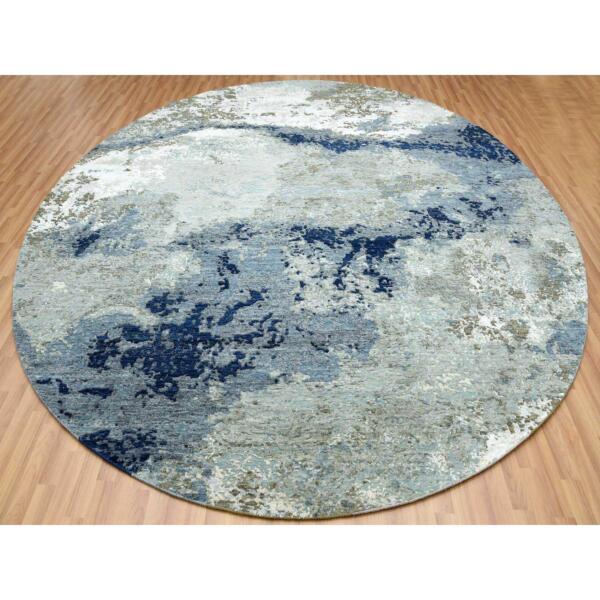 10'4"x10'4" Blue Modern Abstract Design, Pure Wool, Hand Knotted, Densely Woven, Persian Knot Round Oriental Rug  - 83031 - Image 4