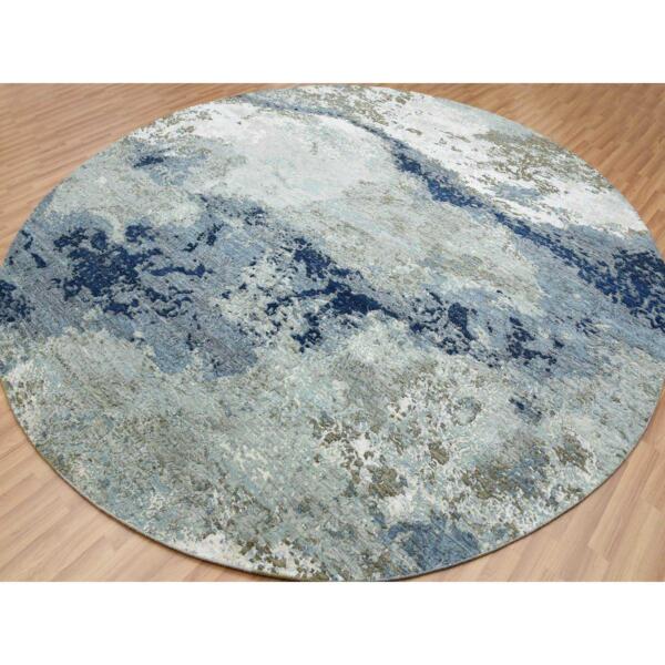 10'4"x10'4" Blue Modern Abstract Design, Pure Wool, Hand Knotted, Densely Woven, Persian Knot Round Oriental Rug  - 83031 - Image 5