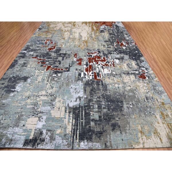 10'x14'3" Gunmetal Gray with Pop of Color, Abstract Design, Densely Woven Persian Knot, Natural Wool Hand Knotted, Oriental Rug  - 83079 - Image 4