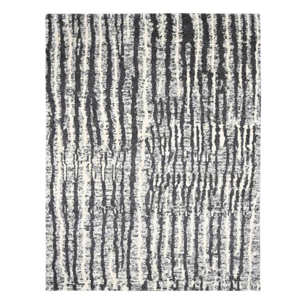 9'1"x11'8" Black and Ivory, Modern Vertical Broken Stripe Design, Plush Pile, Organic Undyed Wool, Hand Knotted, Oriental Rug  - 84180