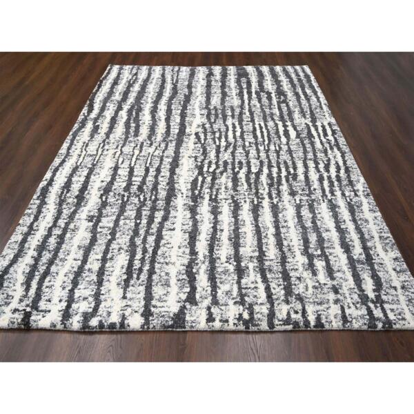 9'1"x11'8" Black and Ivory, Modern Vertical Broken Stripe Design, Plush Pile, Organic Undyed Wool, Hand Knotted, Oriental Rug  - 84180 - Image 4