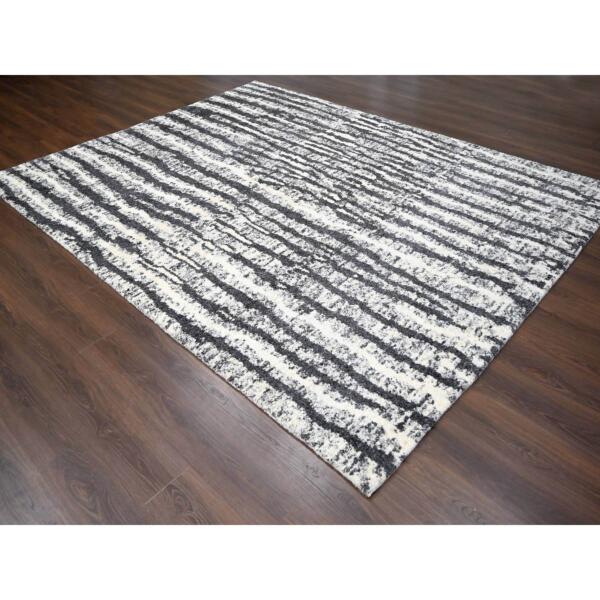 9'1"x11'8" Black and Ivory, Modern Vertical Broken Stripe Design, Plush Pile, Organic Undyed Wool, Hand Knotted, Oriental Rug  - 84180 - Image 5