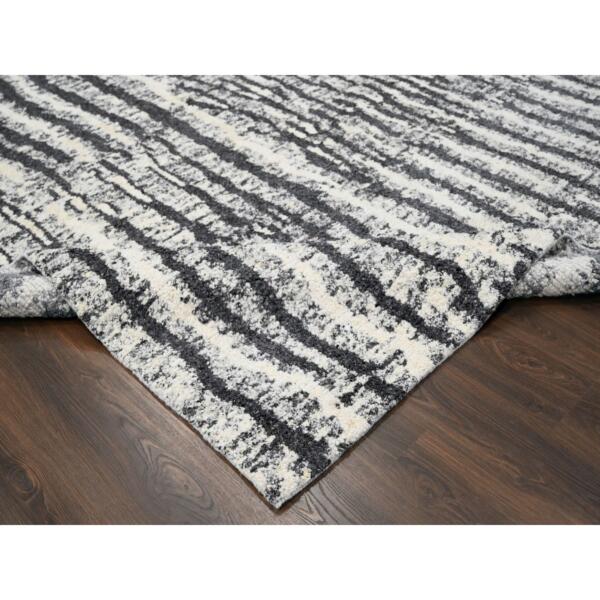 9'1"x11'8" Black and Ivory, Modern Vertical Broken Stripe Design, Plush Pile, Organic Undyed Wool, Hand Knotted, Oriental Rug  - 84180 - Image 8