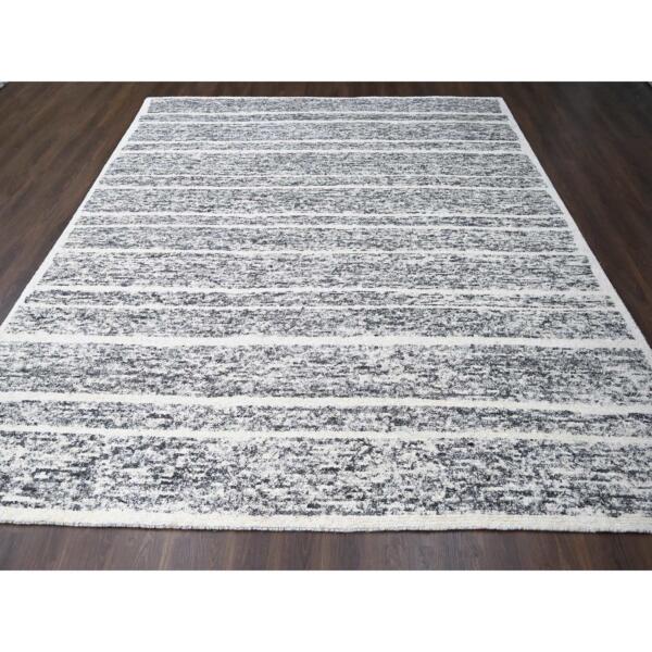 10'3"x14'1" Black and Ivory, Modern Striae Design, Thick and Plush, Organic Undyed Wool, Hand Knotted, Oriental Rug  - 84183 - Image 3