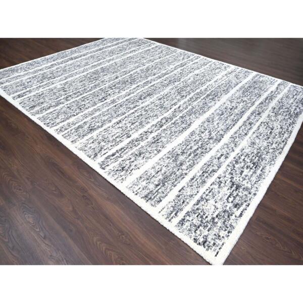 10'3"x14'1" Black and Ivory, Modern Striae Design, Thick and Plush, Organic Undyed Wool, Hand Knotted, Oriental Rug  - 84183 - Image 4