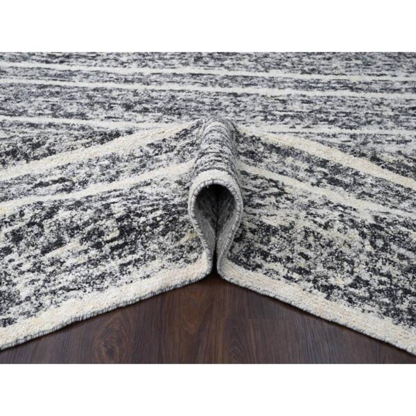 10'3"x14'1" Black and Ivory, Modern Striae Design, Thick and Plush, Organic Undyed Wool, Hand Knotted, Oriental Rug  - 84183 - Image 6