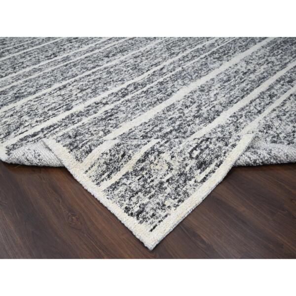 10'3"x14'1" Black and Ivory, Modern Striae Design, Thick and Plush, Organic Undyed Wool, Hand Knotted, Oriental Rug  - 84183 - Image 7