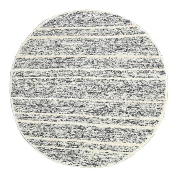 8'x8' Salt and Pepper, Modern Striae Design Thick and Plush, Organic Undyed Wool Hand Knotted, Round Oriental Rug  - 84214