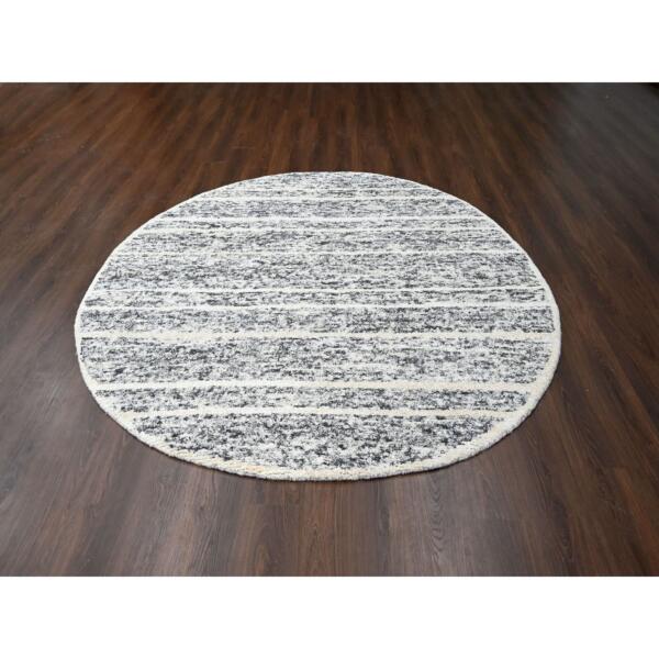 8'x8' Salt and Pepper, Modern Striae Design Thick and Plush, Organic Undyed Wool Hand Knotted, Round Oriental Rug  - 84214 - Image 3