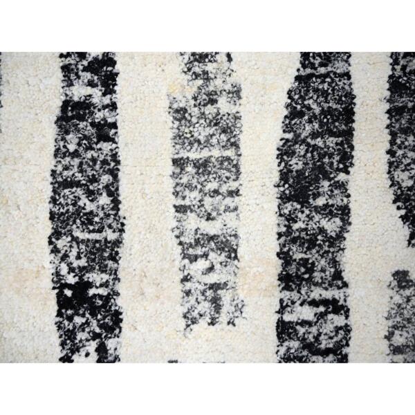 7'10"x8' Black and Ivory, Thick and Plush, Organic Undyed Wool, Modern Erased Column Design,  Hand Knotted, Round, Oriental Rug  - 84434 - Image 6