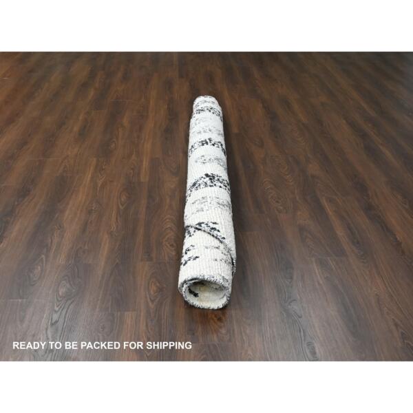 7'10"x8' Black and Ivory, Thick and Plush, Organic Undyed Wool, Modern Erased Column Design,  Hand Knotted, Round, Oriental Rug  - 84434 - Image 7