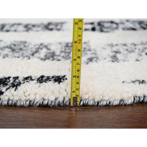 7'10"x8' Black and Ivory, Thick and Plush, Organic Undyed Wool, Modern Erased Column Design,  Hand Knotted, Round, Oriental Rug  - 84434 - Image 8