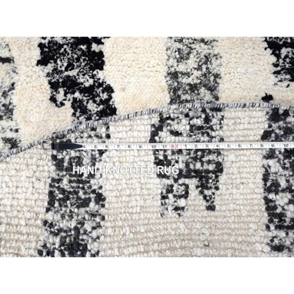 7'10"x8' Black and Ivory, Thick and Plush, Organic Undyed Wool, Modern Erased Column Design,  Hand Knotted, Round, Oriental Rug  - 84434 - Image 9