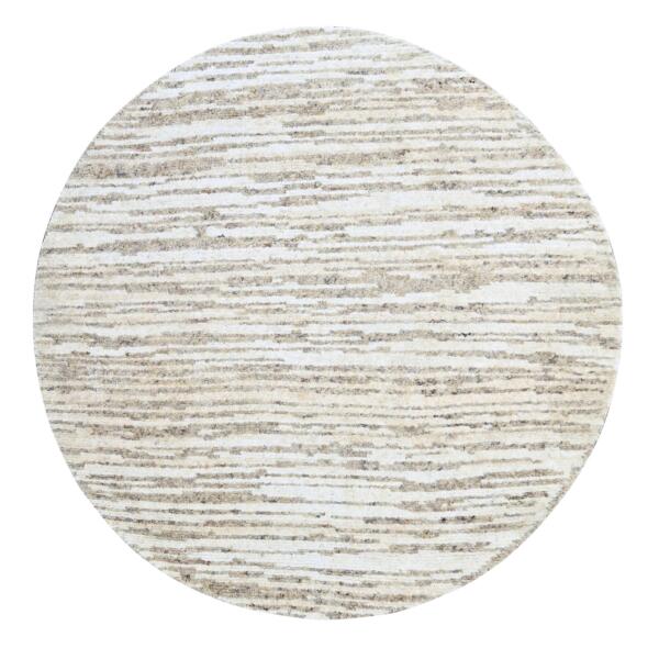 7'10"x7'10" Brown and Ivory, Hand Knotted Striae Minimalist Design, Natural Colors, Undyed Plush Wool, Round, Oriental Rug  - 84438