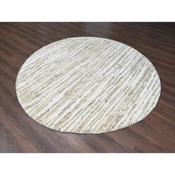 7'10"x7'10" Brown and Ivory, Hand Knotted Striae Minimalist Design, Natural Colors, Undyed Plush Wool, Round, Oriental Rug  - 84438 - Image 3