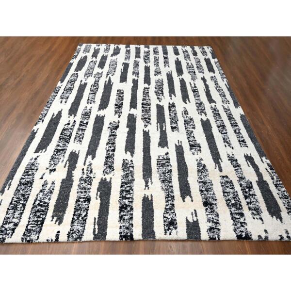 10'2"x13'7" Ivory and Black, Organic Undyed Wool, Natural Dyes, Thick and Plush, Modern Erased Column Design, Hand Knotted, Oriental Rug  - 84443 - Image 3