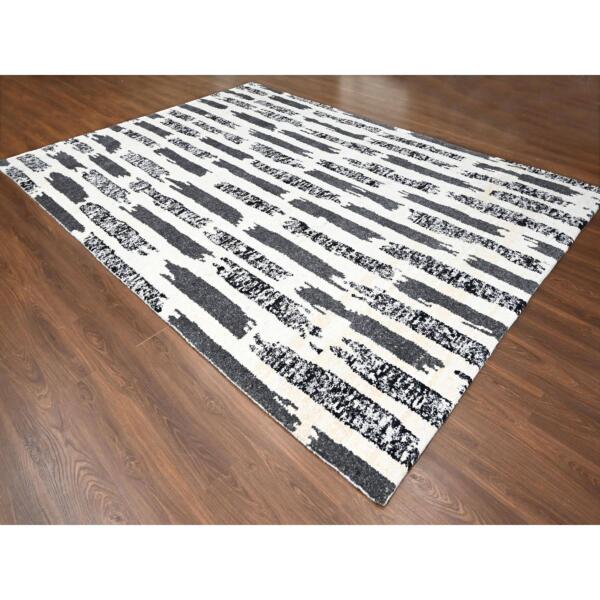 10'2"x13'7" Ivory and Black, Organic Undyed Wool, Natural Dyes, Thick and Plush, Modern Erased Column Design, Hand Knotted, Oriental Rug  - 84443 - Image 4