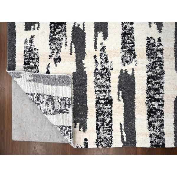 10'2"x13'7" Ivory and Black, Organic Undyed Wool, Natural Dyes, Thick and Plush, Modern Erased Column Design, Hand Knotted, Oriental Rug  - 84443 - Image 5