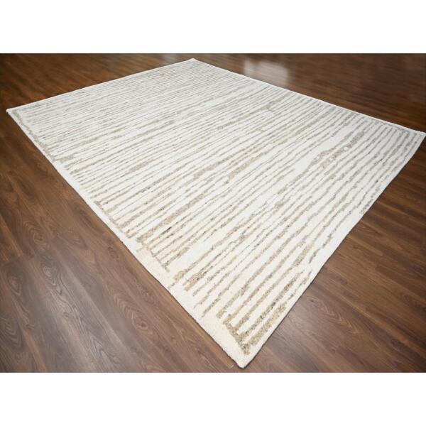 12'x14'10" Camel Brown, Striae Minimalist Design, Hand Knotted, Undyed Plush Wool, Oversize, Oriental Rug  - 84450 - Image 4