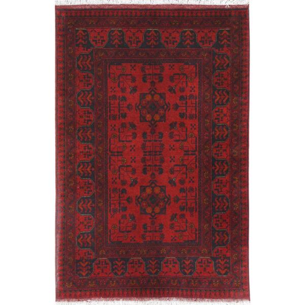 3'3"x4'10" Barn Red, Hand Knotted Afghan Andkhoy with Tribal Design, Extra Soft Wool, Oriental Rug  - 85082