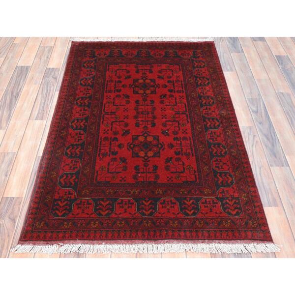 3'3"x4'10" Barn Red, Hand Knotted Afghan Andkhoy with Tribal Design, Extra Soft Wool, Oriental Rug  - 85082 - Image 3