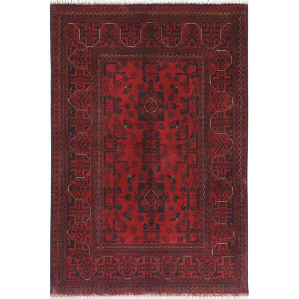 3'4"x4'9" Cherry Red, Natural Wool Hand Knotted, Afghan Andkhoy with Tribal Design, Oriental Rug  - 85083