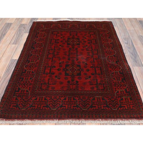 3'4"x4'9" Cherry Red, Natural Wool Hand Knotted, Afghan Andkhoy with Tribal Design, Oriental Rug  - 85083 - Image 3