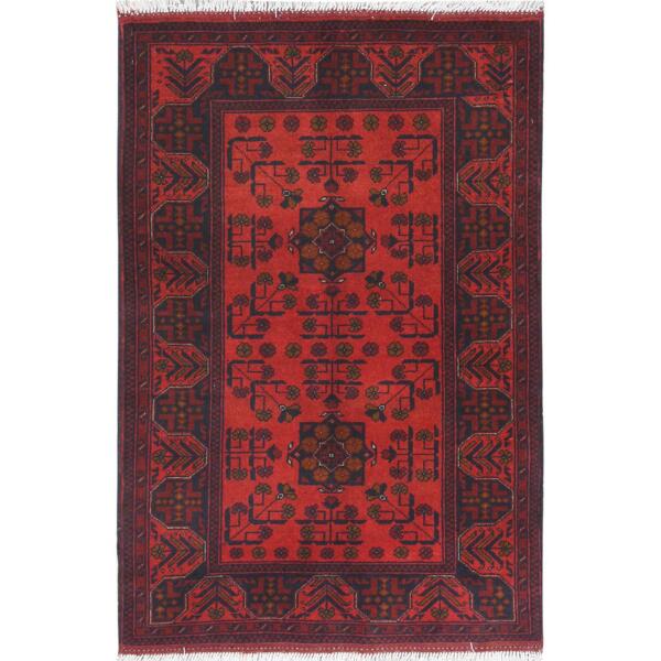 3'4"x5' Rose Red, Afghan Andkhoy with Geometric Pattern, Pure Wool, Hand Knotted Oriental Rug  - 85086