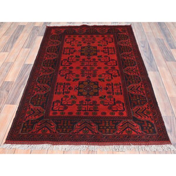 3'4"x5' Rose Red, Afghan Andkhoy with Geometric Pattern, Pure Wool, Hand Knotted Oriental Rug  - 85086 - Image 3