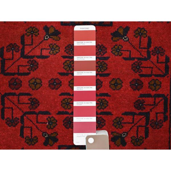 3'4"x5' Rose Red, Afghan Andkhoy with Geometric Pattern, Pure Wool, Hand Knotted Oriental Rug  - 85086 - Image 5