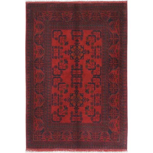 3'4"x4'10" Candy Red, Afghan Andkhoy with Geometric Motif, Soft Wool, Hand Knotted Oriental Rug  - 85087