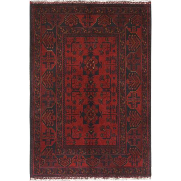 3'5"x4'10" Crimson Red, Afghan Andkhoy with Tribal Design, Extra Soft Wool, Hand Knotted Oriental Rug  - 85088