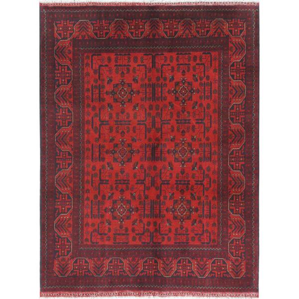 5'x6'7" Crimson Red, Afghan Andkhoy with Geometric Pattern, Natural Wool, Hand Knotted Oriental Rug  - 85095