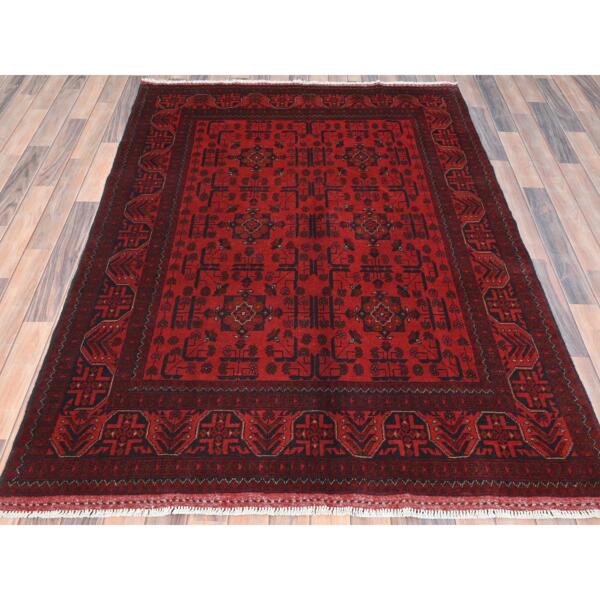 5'x6'7" Crimson Red, Afghan Andkhoy with Geometric Pattern, Natural Wool, Hand Knotted Oriental Rug  - 85095 - Image 3