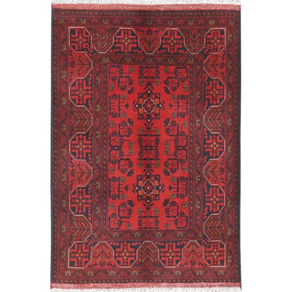 3'4"x4'10" Ruby Red, Afghan Andkhoy with Tribal Design, Soft Wool, Hand Knotted Oriental Rug  - 85105