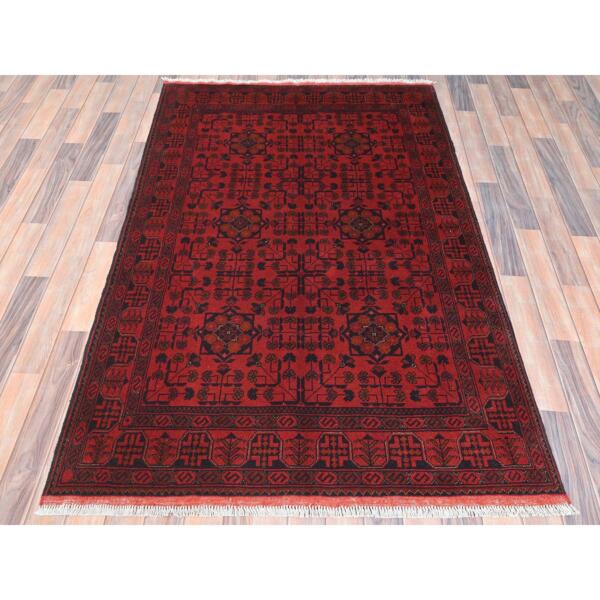 4'3"x6'4" Madder Red, Afghan Andkhoy with  Tribal Design, 100% Wool, Hand Knotted Oriental Rug  - 85115 - Image 3